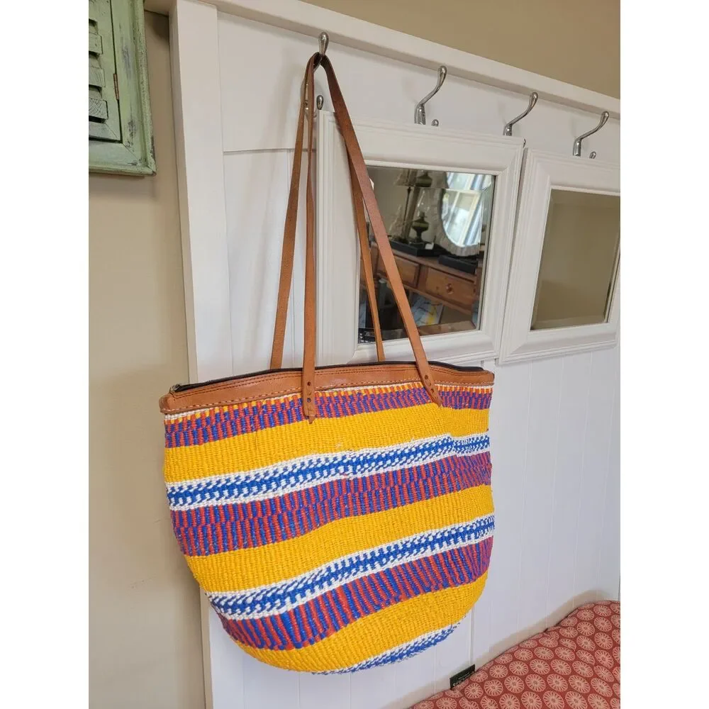 African Kiondo Market Bag Handwoven Tote Yellow Blue Striped Leather Large